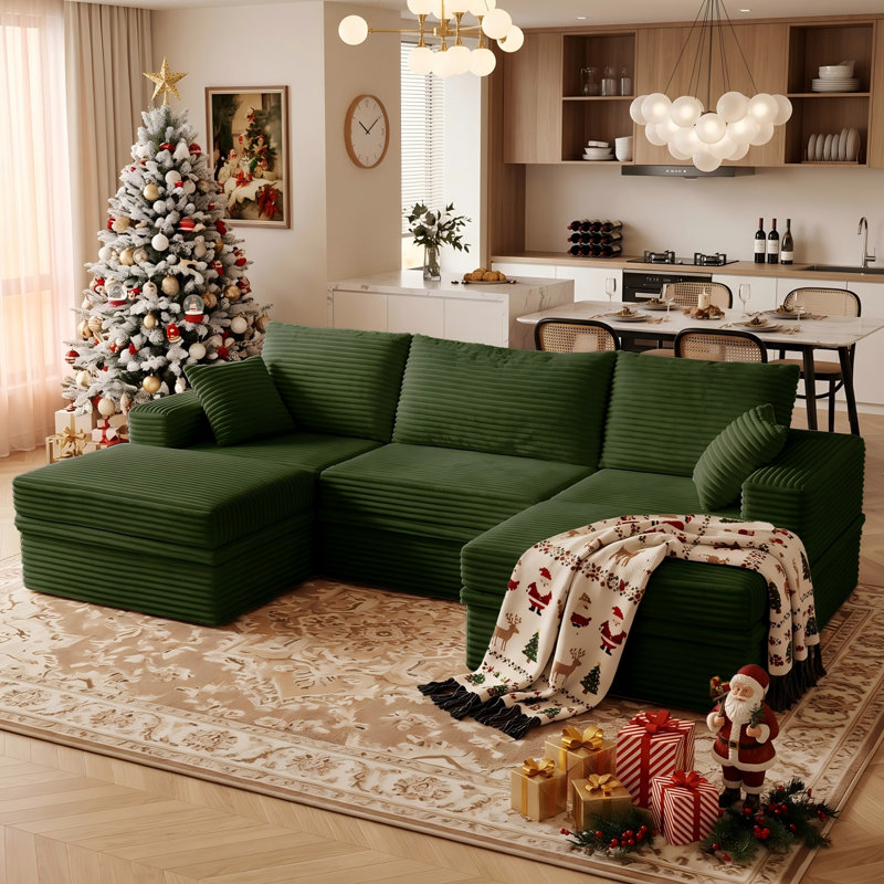 107"W Boneless U-Shaped Sectional Sofa, Cloud Modular Corduroy Couch with Chaise, 2 Ottomans & Hidden Storage, Extra Deep Seat Corner Sofa, Minimalist Living Room Furniture, Easy Assembly Required