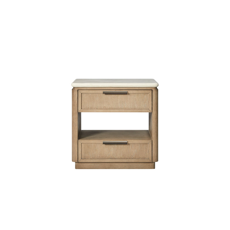 Table de chevet avec deux tiroirs, placage de chêne, plateau en pierre beige lisse, tablette ouverte pour les décorations, fond doublé de feutre, dispositifs de charge intégrés, bois massif à fermeture en douceur +, profondeur de 16,87 po,