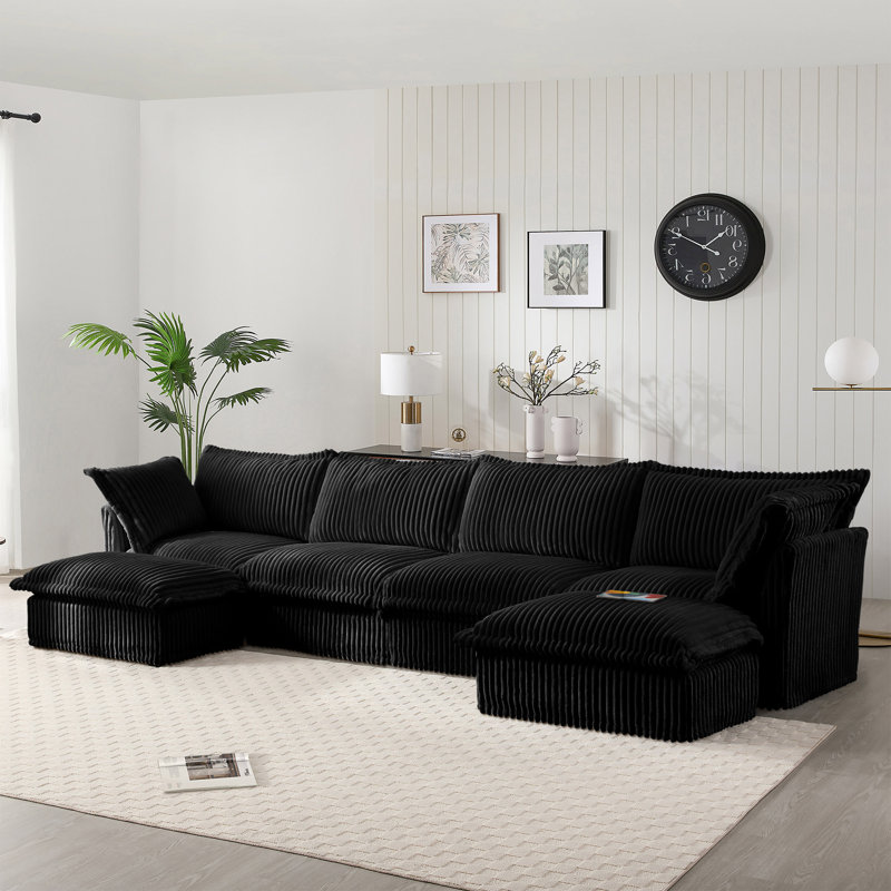 Evelyn U-Shaped Sectional Sofa with 2 Ottomans, Orange Chenille, 34.6" H x 156.6" W x 33" D