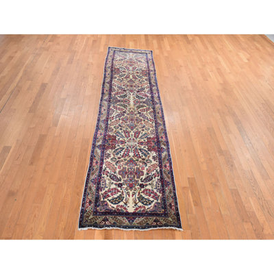 Tapis huître blanc perse antique de 3 pi x 12 pi, noué à la main, 100% laine, propre, sur les côtés et les extrémités professionnellement fixé, tapis de couloir oriental
