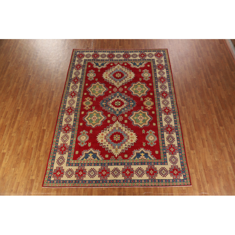 Tapis oriental rouge en laine fabriqué à la main Kazak 8 x 11