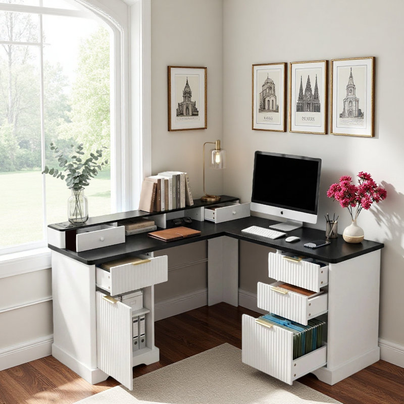 Bureau en L 59 po avec station de charge, bureau en L Executive avec tiroirs, armoire de rangement et support pour écran, bureau en coin