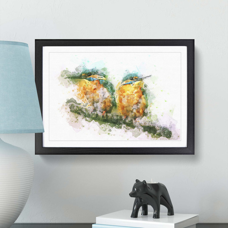 Pair of Kingfisher Birds in Abstract - Picture Frame Graphic Art Print, 27cm H x 36cm W x 2cm D, Black Framed