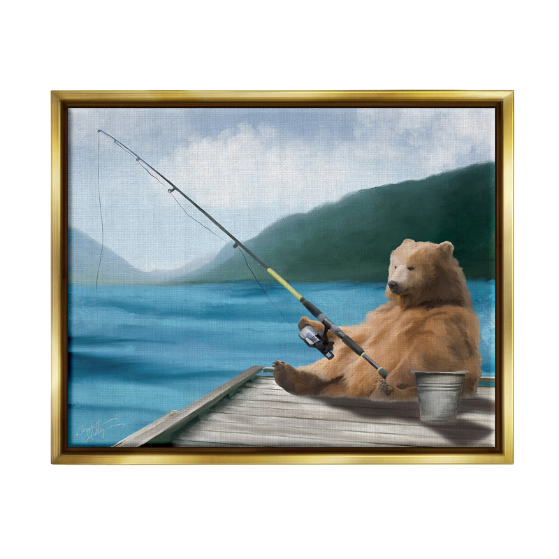 Ours, canne à pêche, lac, quai flottant, art mural par Elizabeth Medley, H 25 po x l 31 po x P 1,7 po