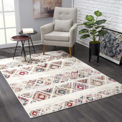 Rug Branch Safa 4' x 6' (3'9" x 5'6") Cream/Red Boho Indoor Area Rug, Contemporary, Medium Pile, Stain-Resistant Carpet - Living Room, Bedroom, Dining Room, and Kitchen