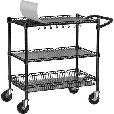 Chariot utilitaire roulant à 3 niveaux avec roulettes, chariot de rangement en métal de qualité commerciale avec poignées et tablettes pour la cuisine, la restauration et les outils (noir)
