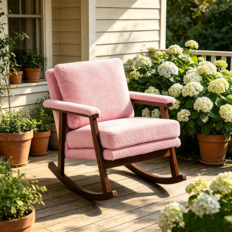 Chaise berçante en bois massif avec coussin de chaise en velours Teddy et coussin de soutien de taille., Rose