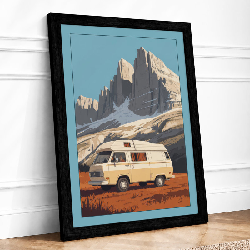 Camper in the Mountains Minimalist - Framed Print, Black, A3 - 42.0 x 29.7 cm