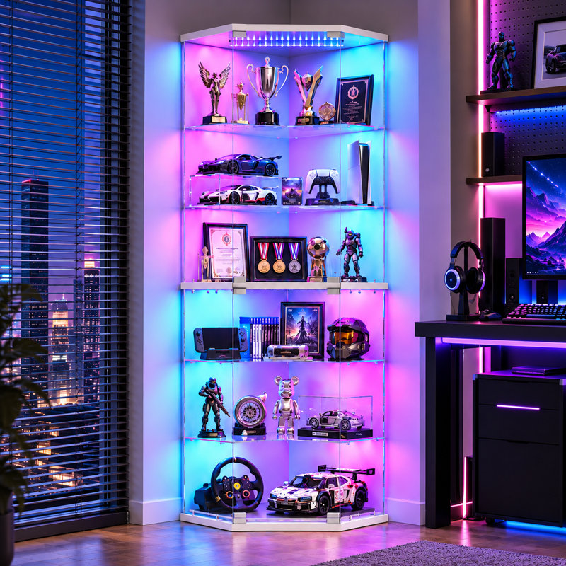 6-Tier Corner Display Cabinet with Motion-Activated RGB Lighting, White
