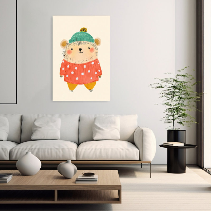 Hérisson douillet dans un chandail, paysage forestier contemporain abstrait, impression d'art mural, H 60 po x l 40 po