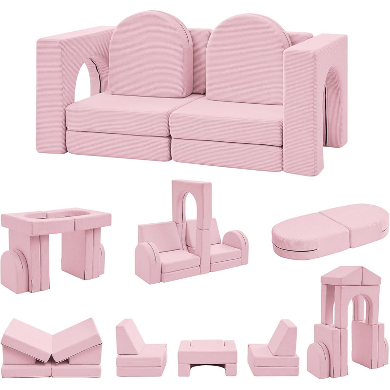 Kids and Toddler Play Couch, Convertible Folding Sofa, Modular Kids Couch for Playroom, Pink