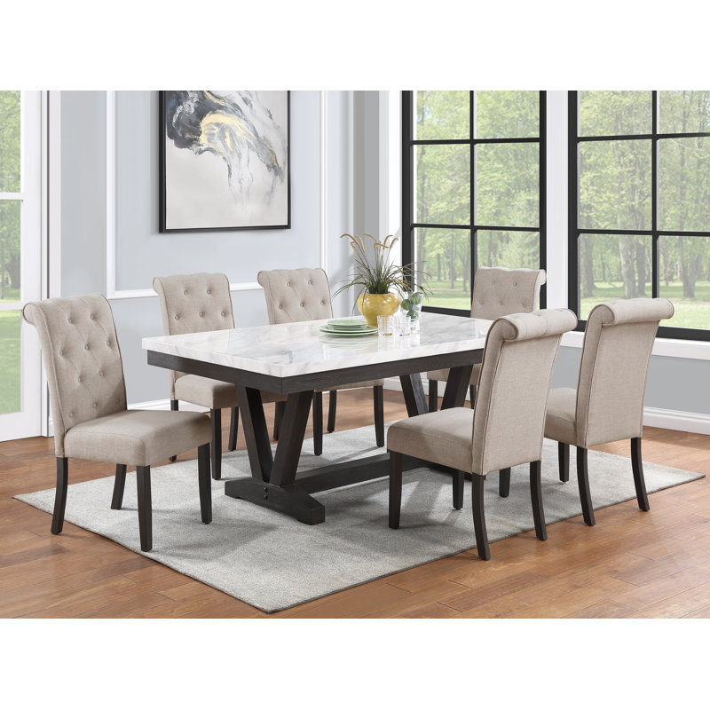 Apicella White Faux Marble Dining Set, Beige, 5 Piece