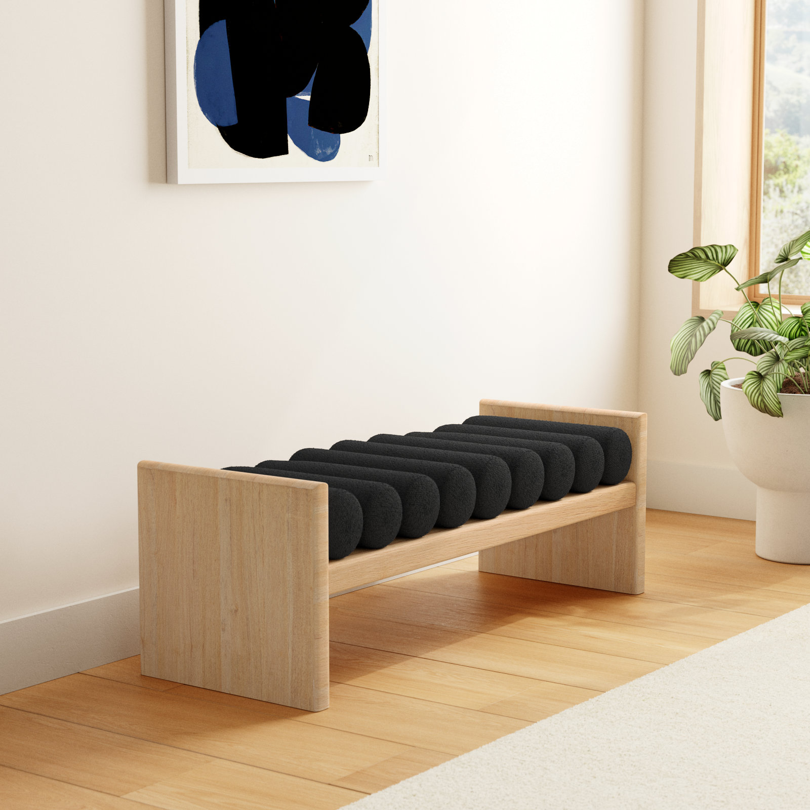Waverly Bedroom Bench, Black Boucle Fabric / Natural Finish, 18" H x 52" W x 19" D