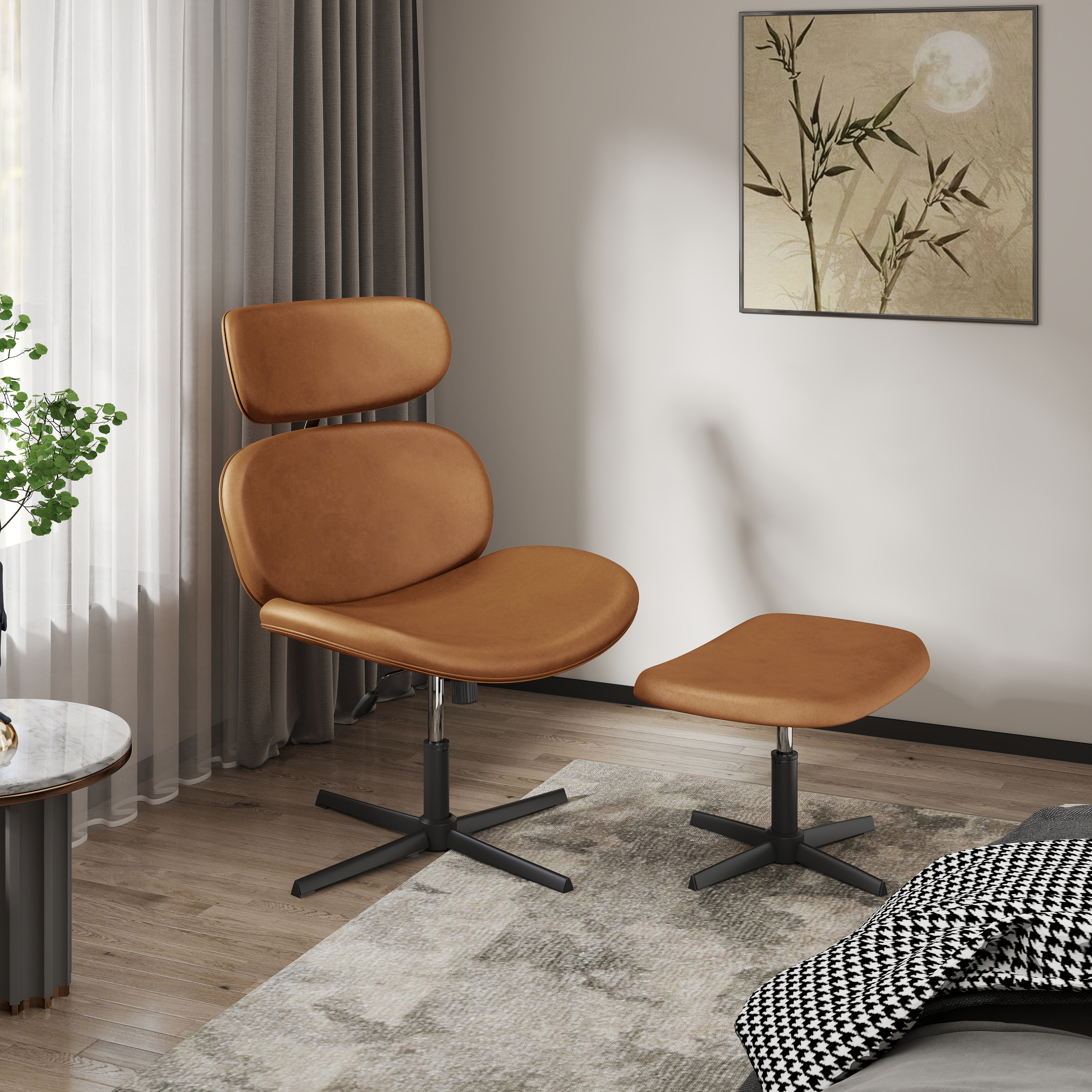 George Oliver Mordern Faux Leather Swivel Accent Chair with Ottoman, Height  Ajustable U shaped Lounge Living room chairs with headrest Reviews