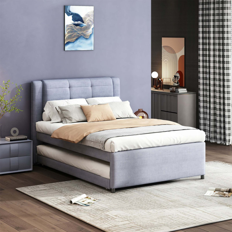 Full Size Upholstery platform bed with Trundle,Trundle can be flat or erected, Gray