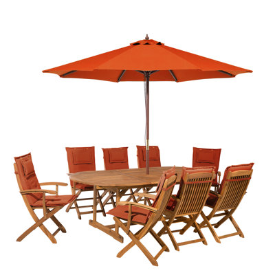 Maren 8 - Person Acacia Extendable Oval Solid Wood Patio Dining Set with Cushions included