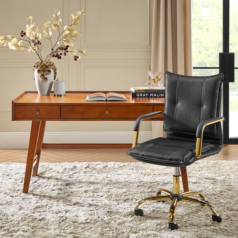 Lundgren Mid Century Modern 2-Piece Faux Leather Office Chair with Padded Arms and Solid Wood Built-in Outlets Desk Set