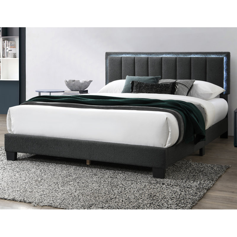 Lit 1pc grand lit en tissu de laine gris anthracite capitonné avec cadre de lit double à DEL