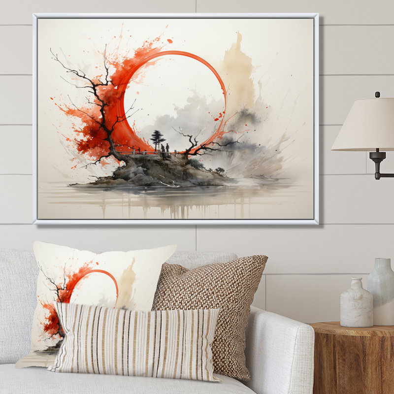 Rouge et gris, art bouddhiste Enso Lumières - art mural bouddhisme, H 16 po x l 32 po x P 1 po, Cadre flottant blanc