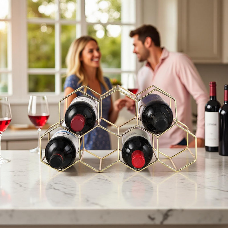 Support à vin de comptoir pour 9 bouteilles, porte-bouteilles en métal en nid d'abeille pour vins rouges et blancs, range-bouteilles sur pied pour la maison, la cuisine ou le bar, doré