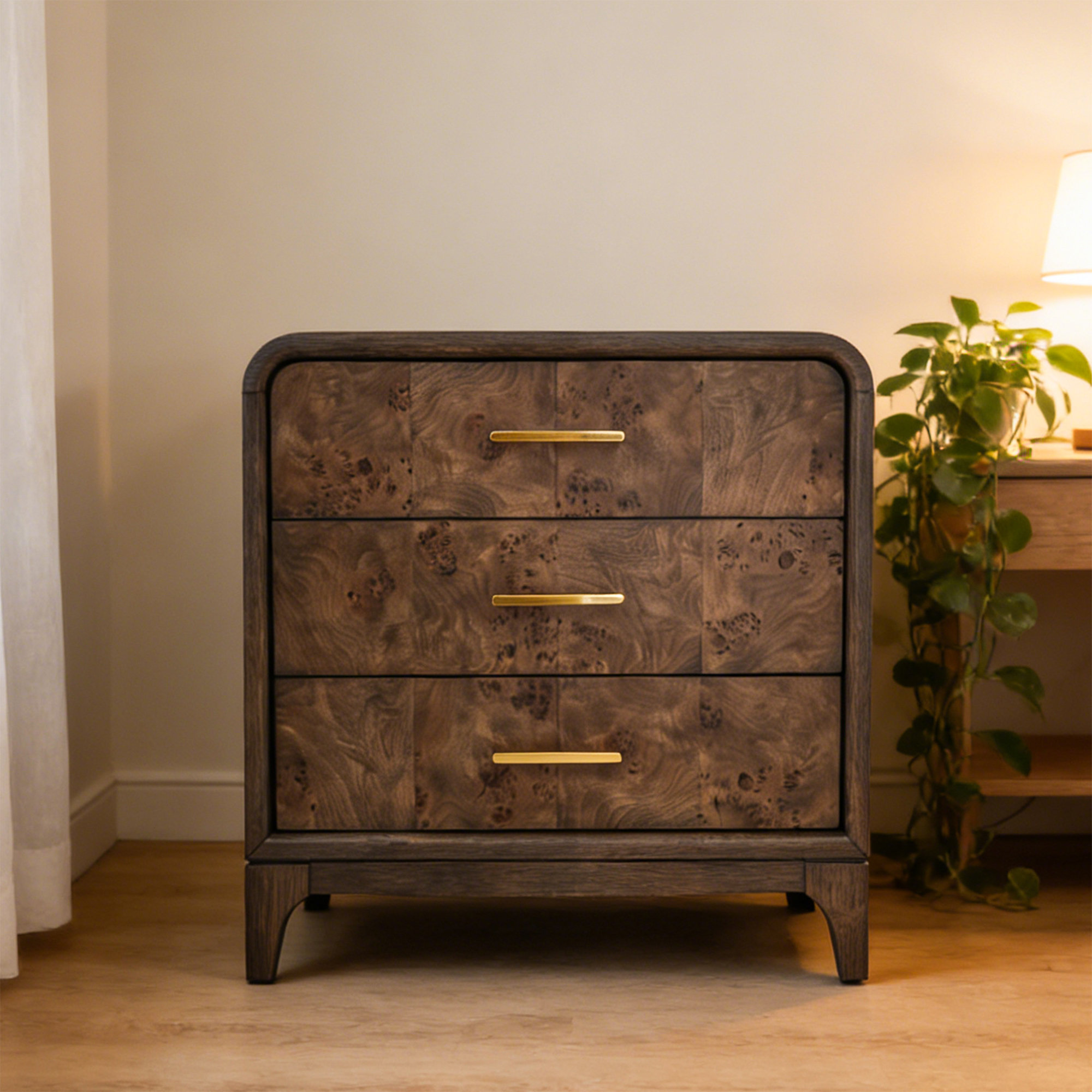 Adden Burl Wood 3-Drawer Nightstand, Coffee