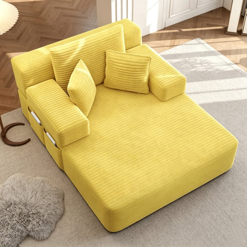 Canapé-lit convertible surdimensionné de 153 cm (60,2 po), fauteuil méridienne et lit d'intérieur 2 en 1, fauteuil en velours côtelé avec coussin à ressorts et en mousse, larges accoudoirs rembourrés et poche de rangement, fauteuil confortable pour le salon, la chambre ou la chambre d'étudiant.