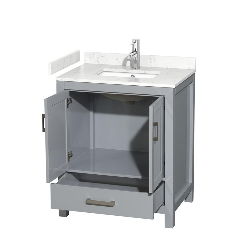 Meuble-lavabo simple avec plateau en marbre Sheffield, gris, Marbre de culture de Carrare, 30"