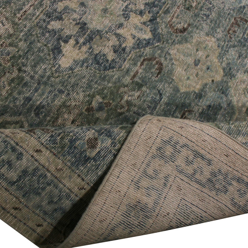 Rug & Kilim's Homage Geometric Floral Green And Blue Wool Custom Rug, Runner 3' x 14'