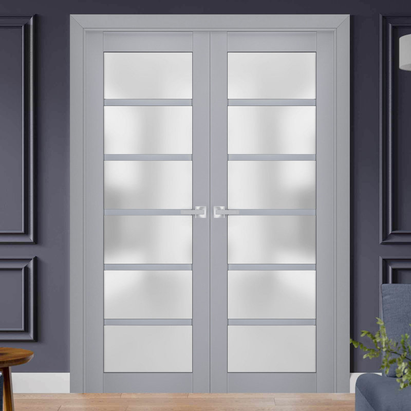 Portes doubles françaises intérieures en verre dépoli Veregio 7602, cadre en bois massif gris mat, portes robustes pour placard ou chambre à coucher, 64 po x 96 po (2 x 32 x 96 po)