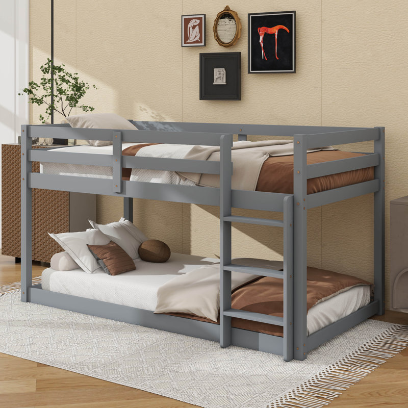 Twin Size Stackable Floor Bunk Bed With Convenient Ladder, Gray