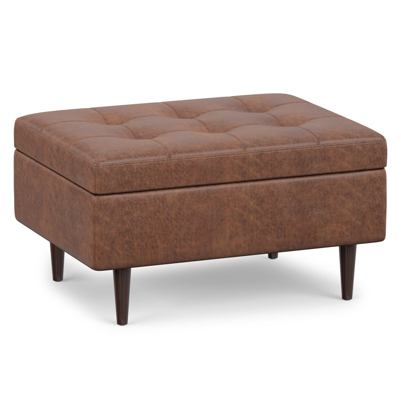 Petit repose-pieds avec rangement Shay en cuir végétalien Mid-Century, Simili cuir brun délavé