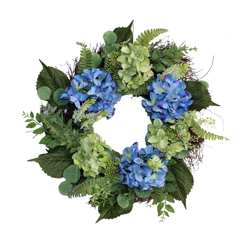 24" Artificial Hydrangea Wreath on Twig Base, Blue