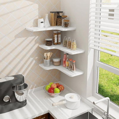 Floating Corner Shelves Set Of 3, Wall Mounted L-Shaped Display Shelves With Cord Hole, Space Saving Wooden Shelves For Bathroom Kitchen Living Room