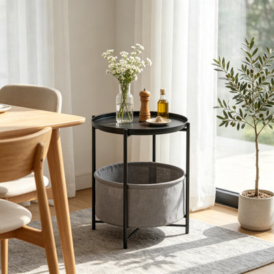 Petite table d'appoint ronde noire avec panier de rangement amovible et plateau de service, table d'appoint moderne pour salon, chambre d'enfant, structure en acier robuste et panier en tissu