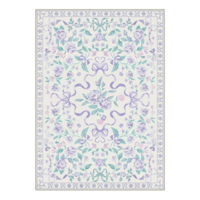Atascadero Rosette & Bow Area Rug, French Country Floral Soft Kid Rug, Machine Washable, Inspired Faux Wool - High-Rebound Foam & Non-Slip Backing