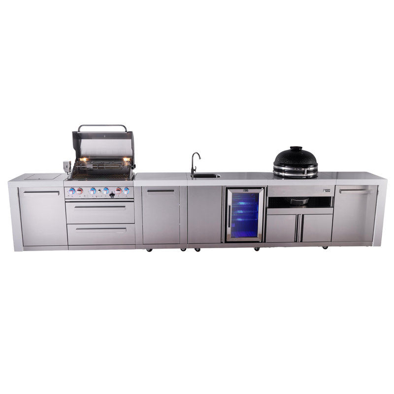 Mont Alpi Premium 4-burner 193" Deluxe Stainless Steel Island Modular Outdoor Kitchen Island Bbq Gas Grill With Beverage Center Faucet & Sink + Refrigerator + Kamado Cart + Storage Drawers & Cabinets