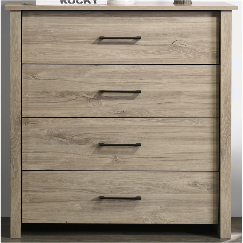 Commode 4 tiroirs en chêne clair avec poignées noires Celeste, Chêne clair