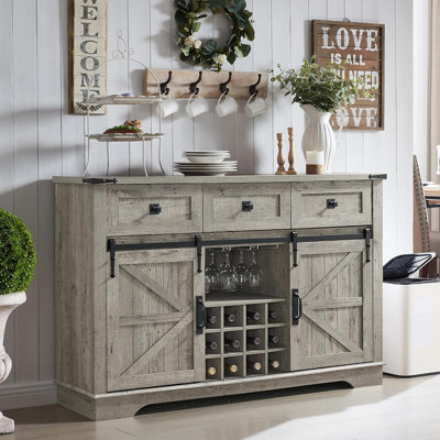 Aisaiah Farmhouse 54Coffee Bar Wine Cabinet,Kitchen Storage Buffet Cabinet With Sliding Barn Door With 3 Drawers & 12 Wine Glass Rack