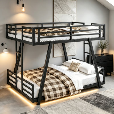 Lit superposé double au dessus d'un lit double avec échelles latérales doubles, lit superposé en métal avec conception de sécurité à profil bas, pour chambre d'enfant, dortoir, noir.