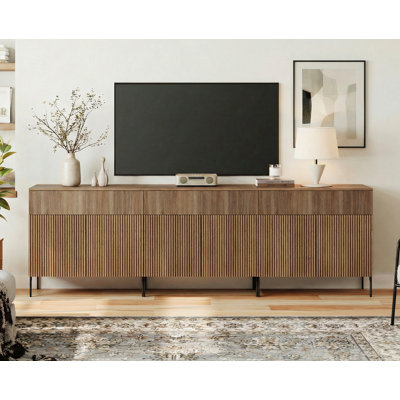 94.5" Modern Reeded TV Stand With Doors, Entertainment Center With Shelf, Wooden Media Console With Drawers For Living Room