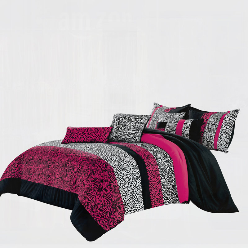 Ensemble d'édredon 7 pièces avec imprimé léopard rose et noir en microfibre de polyester avec taies décoratives et coussins décoratifs