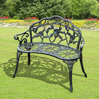 Banc d'extérieur, mobilier d'extérieur en fonte d'aluminium, banc en métal avec accent floral rose et finition antique, vert