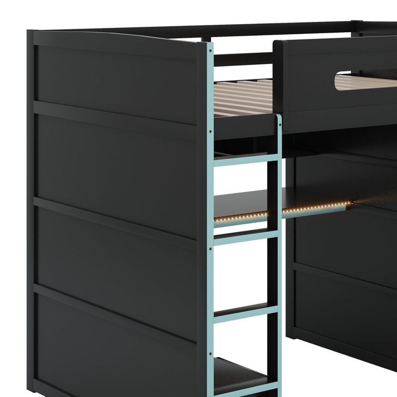 Full Size Wood Loft Bed With Desk,Wardrobe,Ample Storage Space,And RGB LED Light, Cloud Blue