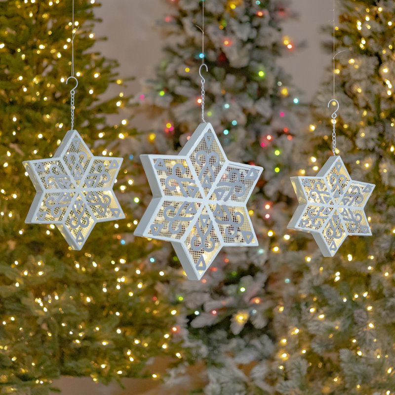 Set of 3 Hanging Light-Up Six-Point Star Snowflakes in Assorted Sizes