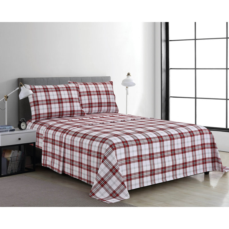 Ensemble de draps en microfibre 4 pièces, Ensemble de draps pour lit double avec 2 taies d'o, Tissu écossais rouge / blanc