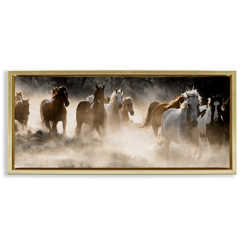 Troupeau de chevaux au galop, H 11 po x l 25 po, Cadre flottant métallique doré