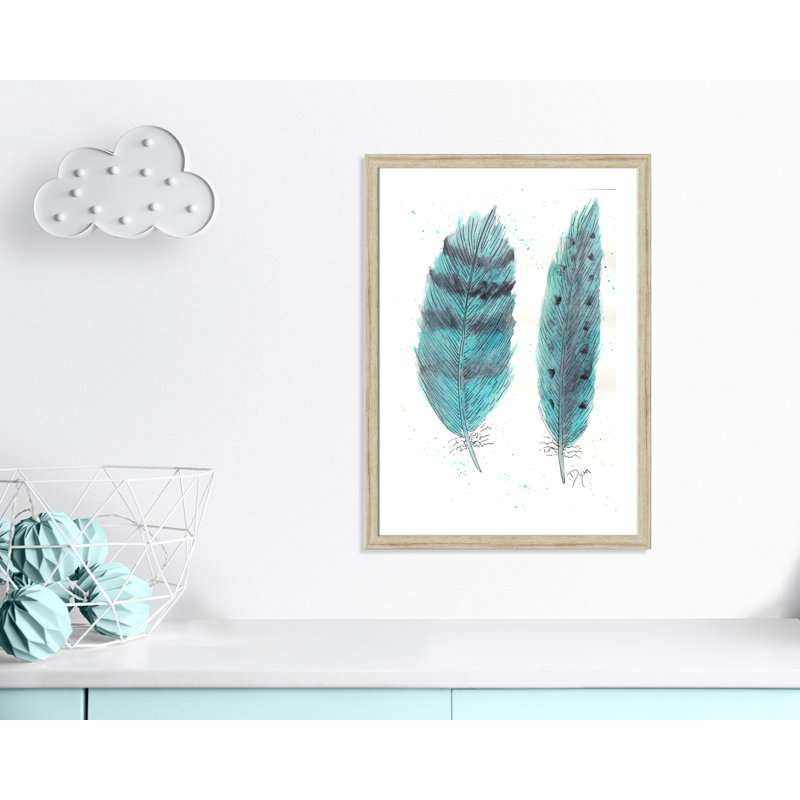 «Feathers in Turquoise II», art encadré, H 36,5 po x l 26,5 po x P 0,6 po, Encadrement beige