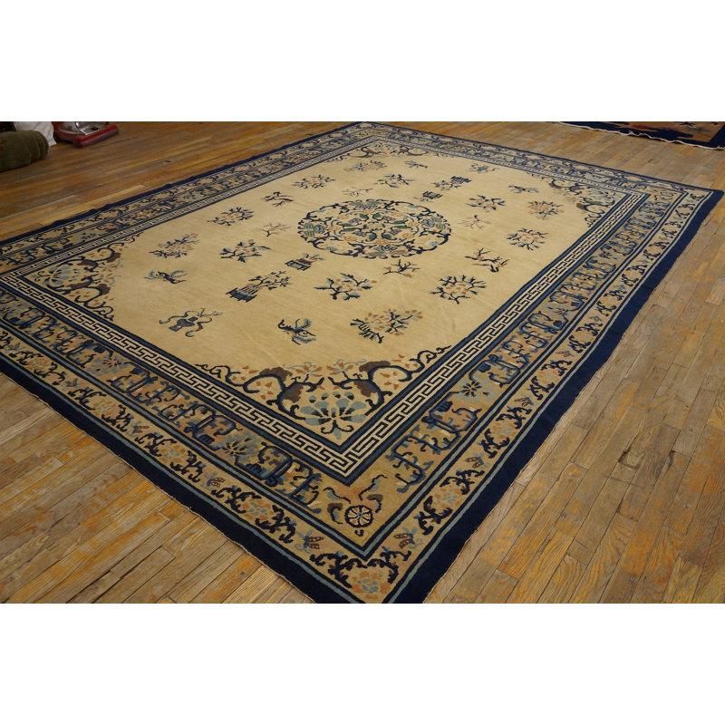 Antique Peking Chinese Floral, Medallion Ivory 1920s Rug