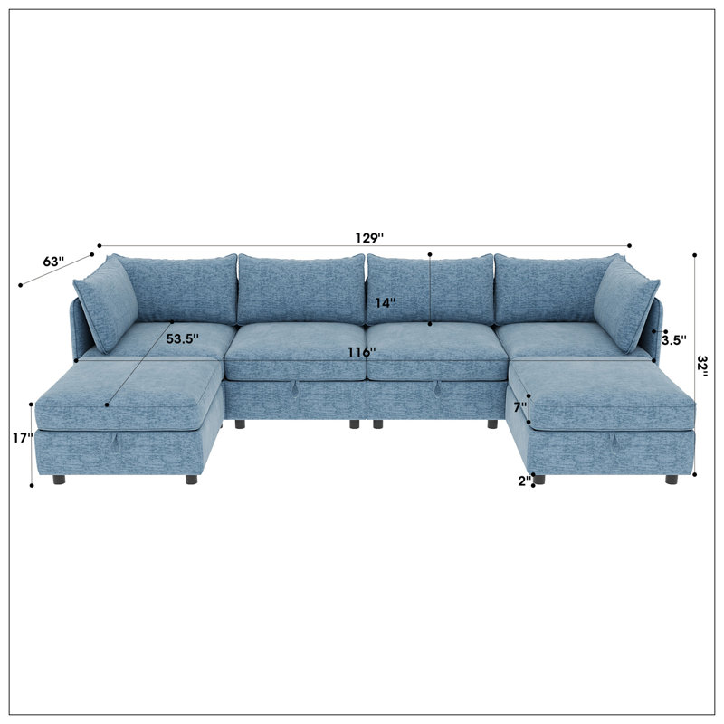 Canapé modulaire Clareville, H 32 po x l 129 po x P 63 po, Chenille bleu antique
