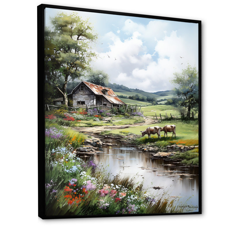«Relaxing Farm Charm» - Art mural ferme, H 32 po x l 16 po x P 1 po, Cadre flottant noir